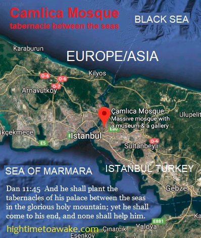 He shall plant the tabernacles of his palace between the seas in the glorious holy mountain